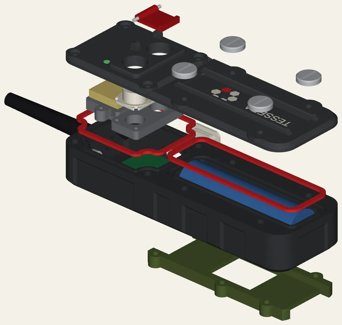 Exploded view of the Tessera case: mount, body with cell and radio board, gaskets, keypad, lid and hatch