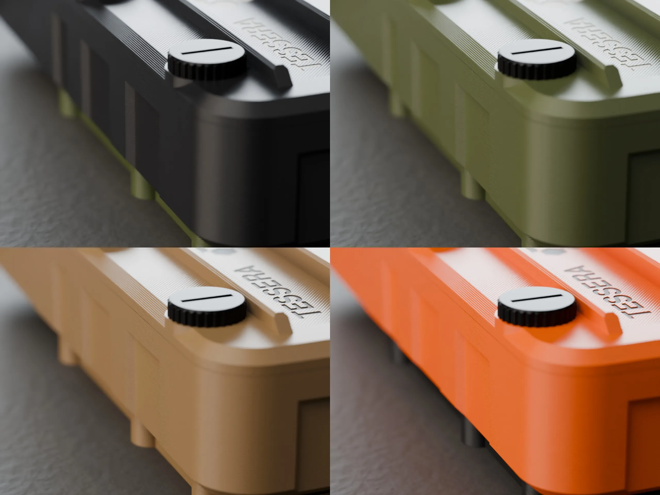 Close-up renderings of the printed surface in four colours, showing layer lines