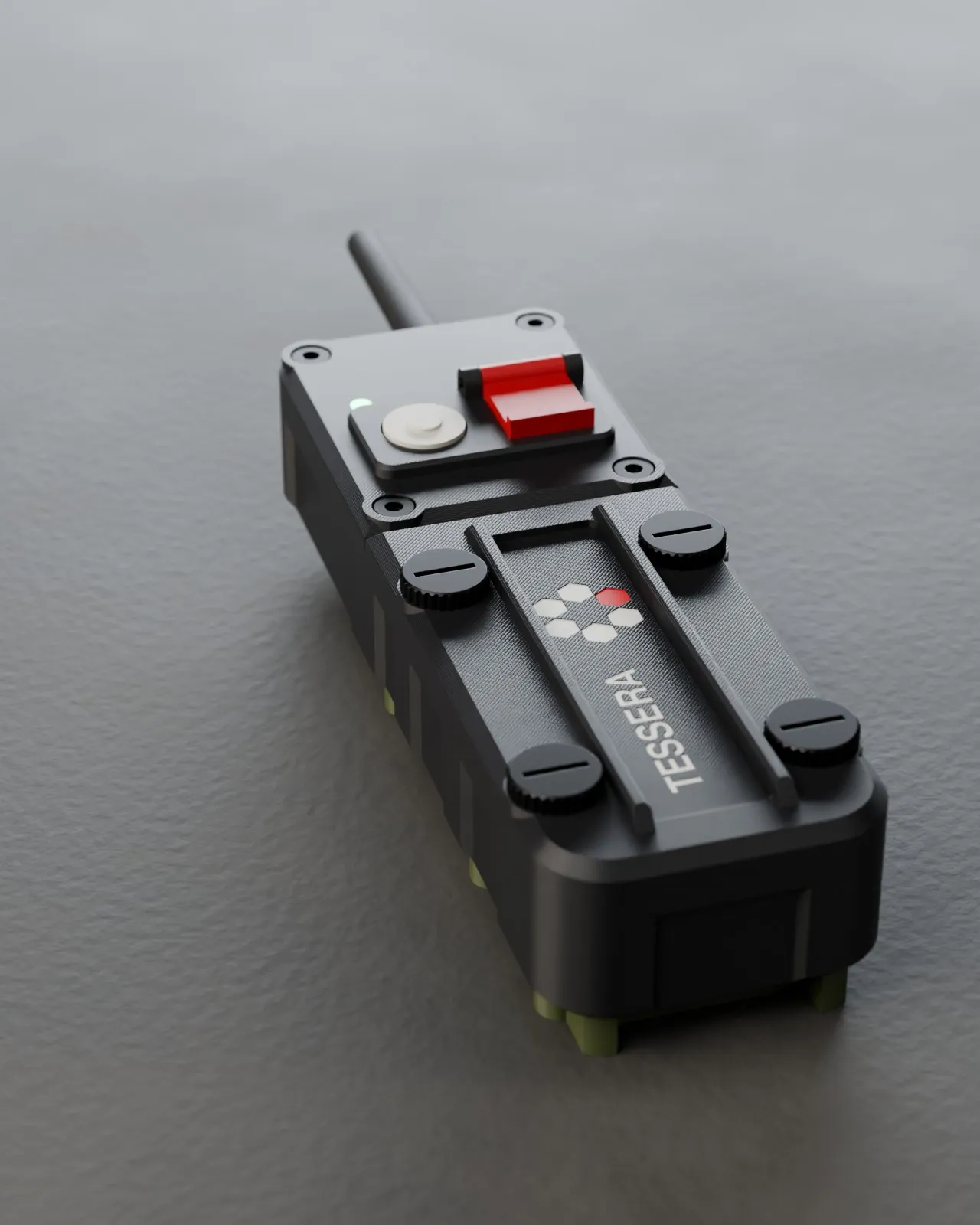 The Tessera tracker in black: check-in button, guarded red SOS button, four thumb screws on the battery hatch